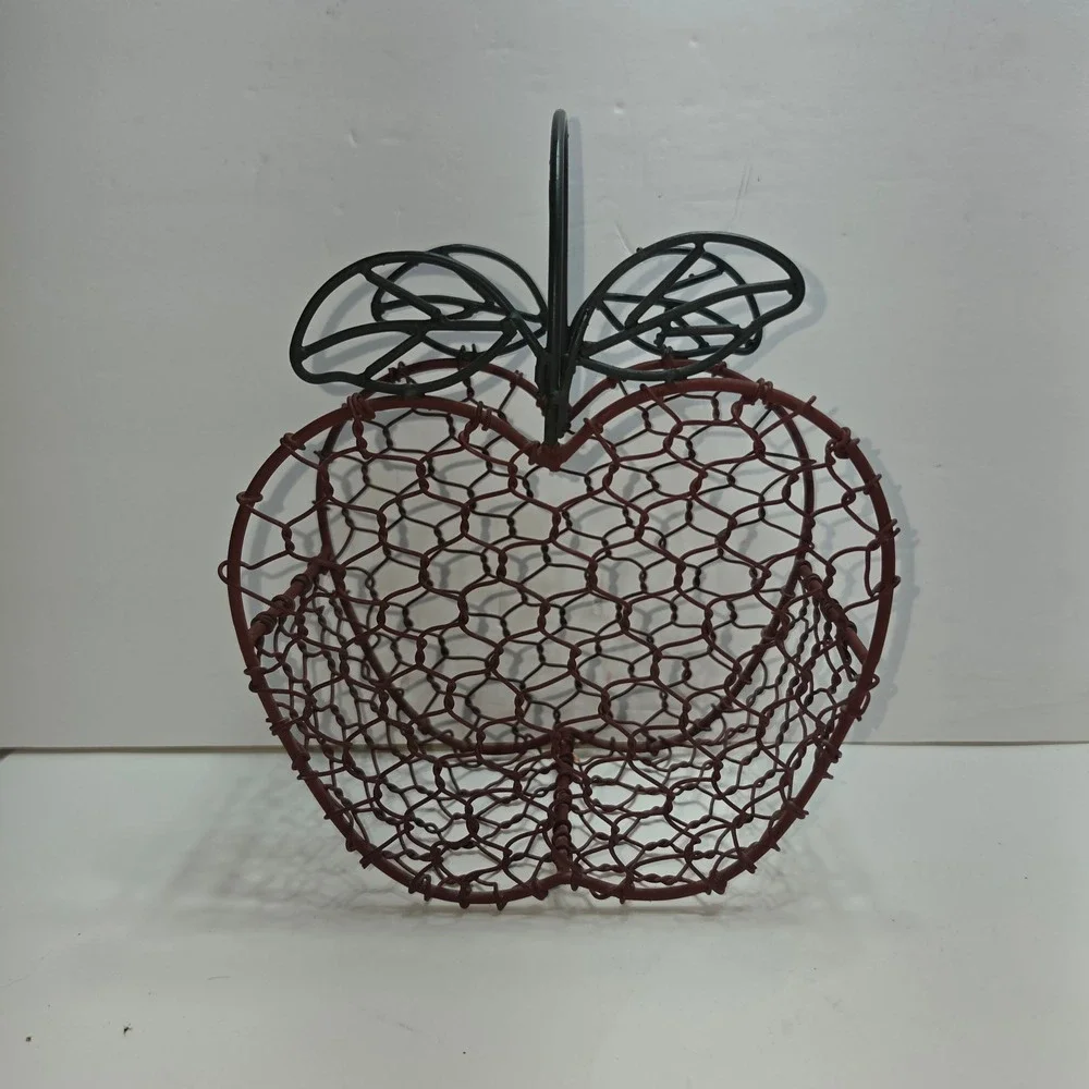 Rustic Apple Shaped Wire Fruit Basket Red Chicken Wire Farmhouse Decor Handle